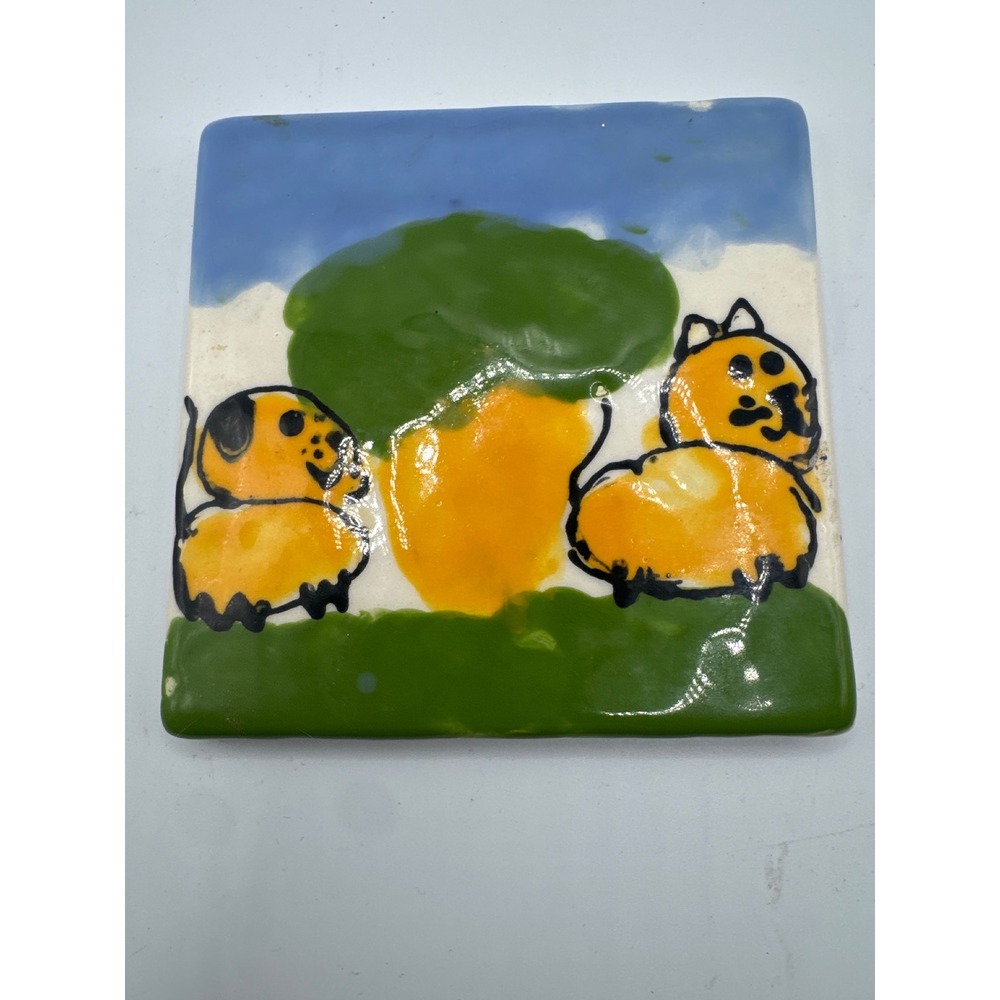 Brittnee Brooks Hand Painted Ceramic Art Tile Whimsical Cat Dog Folk Art 4.25"